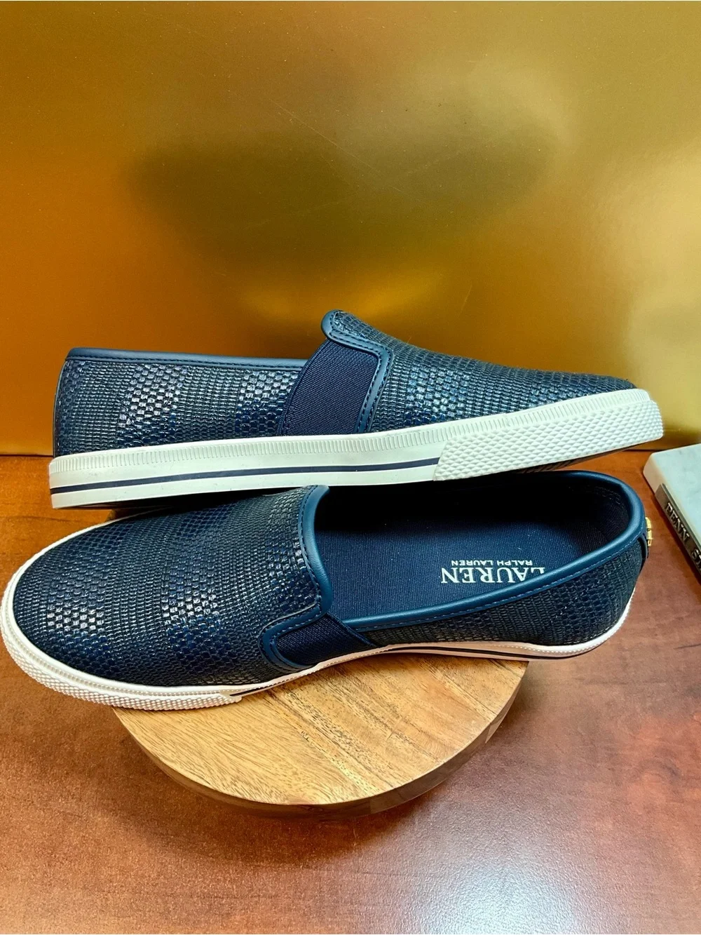 Lauren Ralph Lauren Navy Woven Slip-On Loafers with Cream Sole